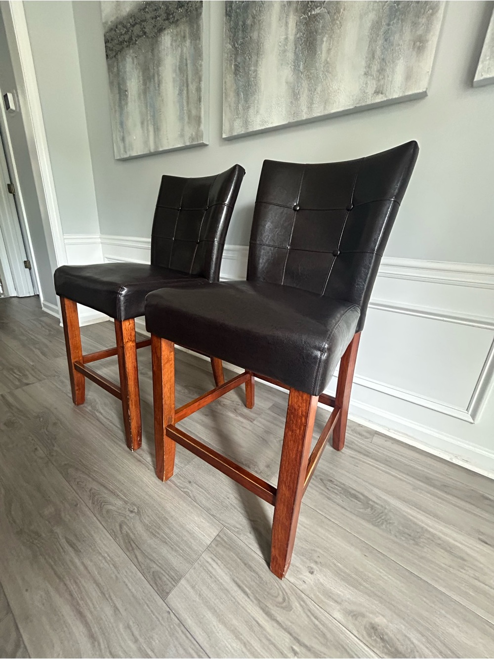 Pair of Dark Brown Upholstered Counter Chairs with Wood Legs